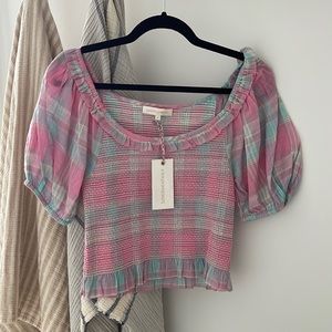 LoveShackFancy puff sleeve plaid blouse
